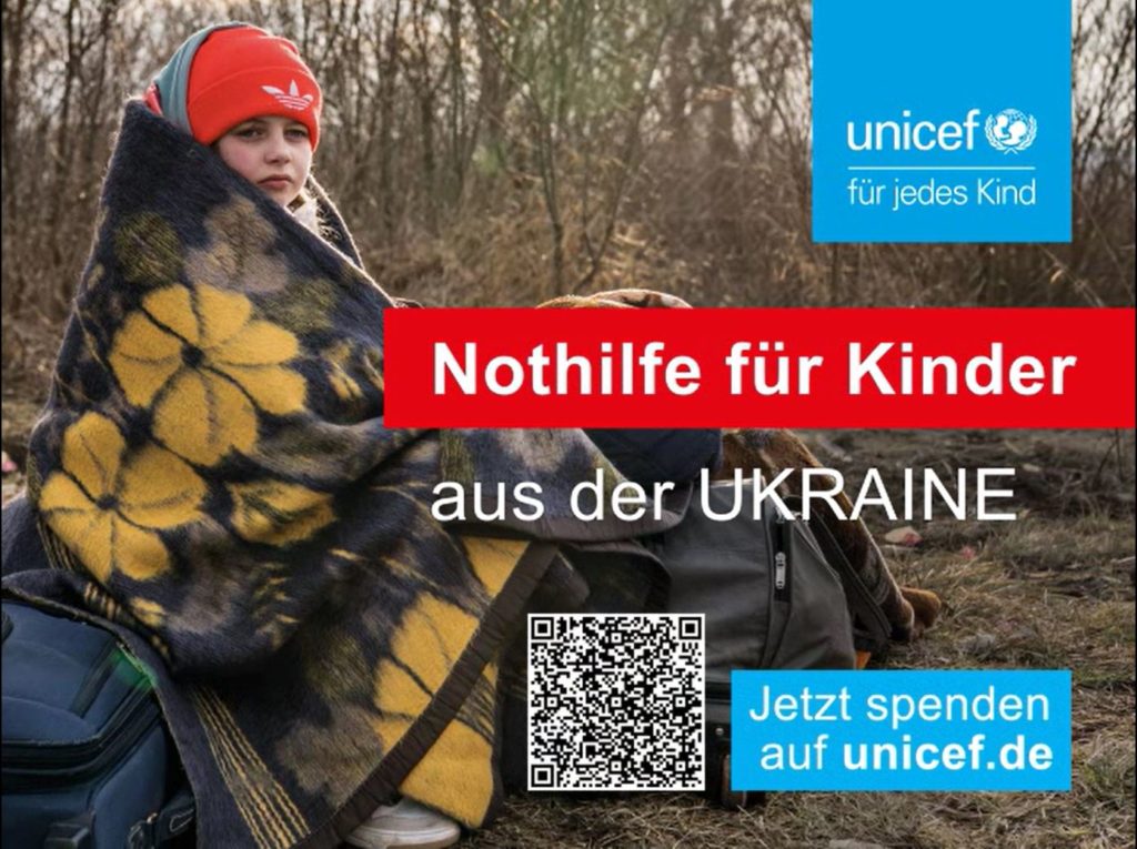 Abbildung - UNICEF Spendenaufruf für Kinder aus der Ukraine an Euronet-Geldautomaten